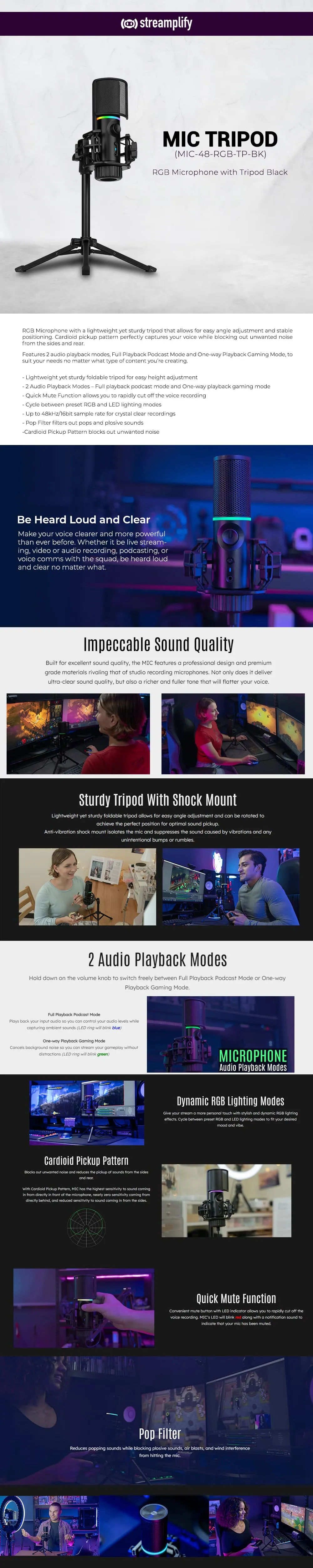 Streamplify (MIC-48-RGB-TP-BK) RGB Microphone with Tripod Black