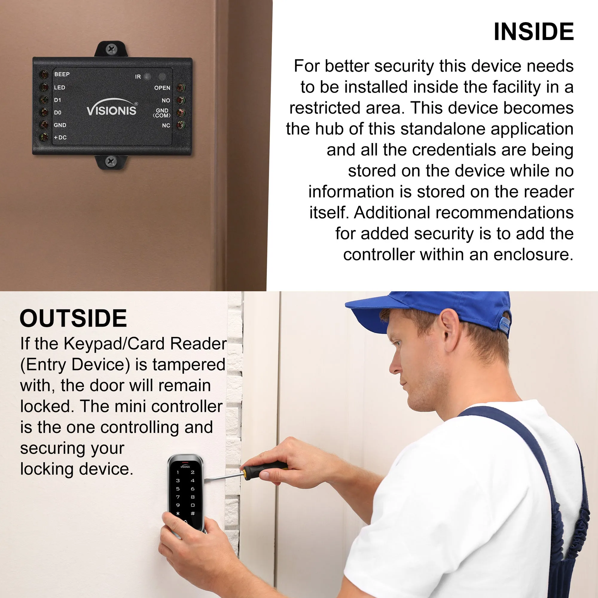 Visionis FPC-5476 One Door Access Control 770lb Electric Strike Fail Safe   Outdoor Weather Proof Keypad / Reader Standalone With Mini Controller   Wiegand 26, No Software, EM Card, Wireless Receiver