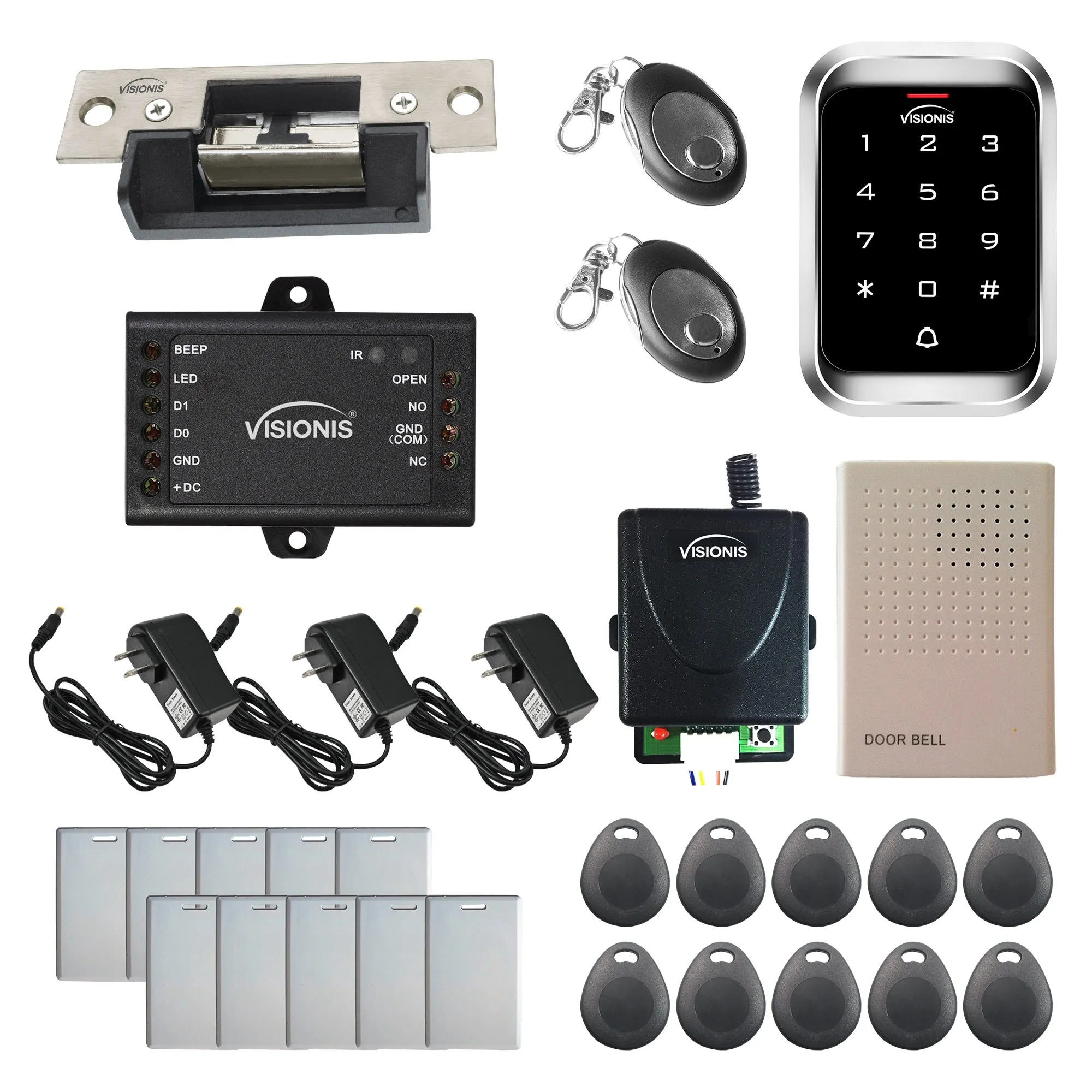 Visionis FPC-5476 One Door Access Control 770lb Electric Strike Fail Safe   Outdoor Weather Proof Keypad / Reader Standalone With Mini Controller   Wiegand 26, No Software, EM Card, Wireless Receiver