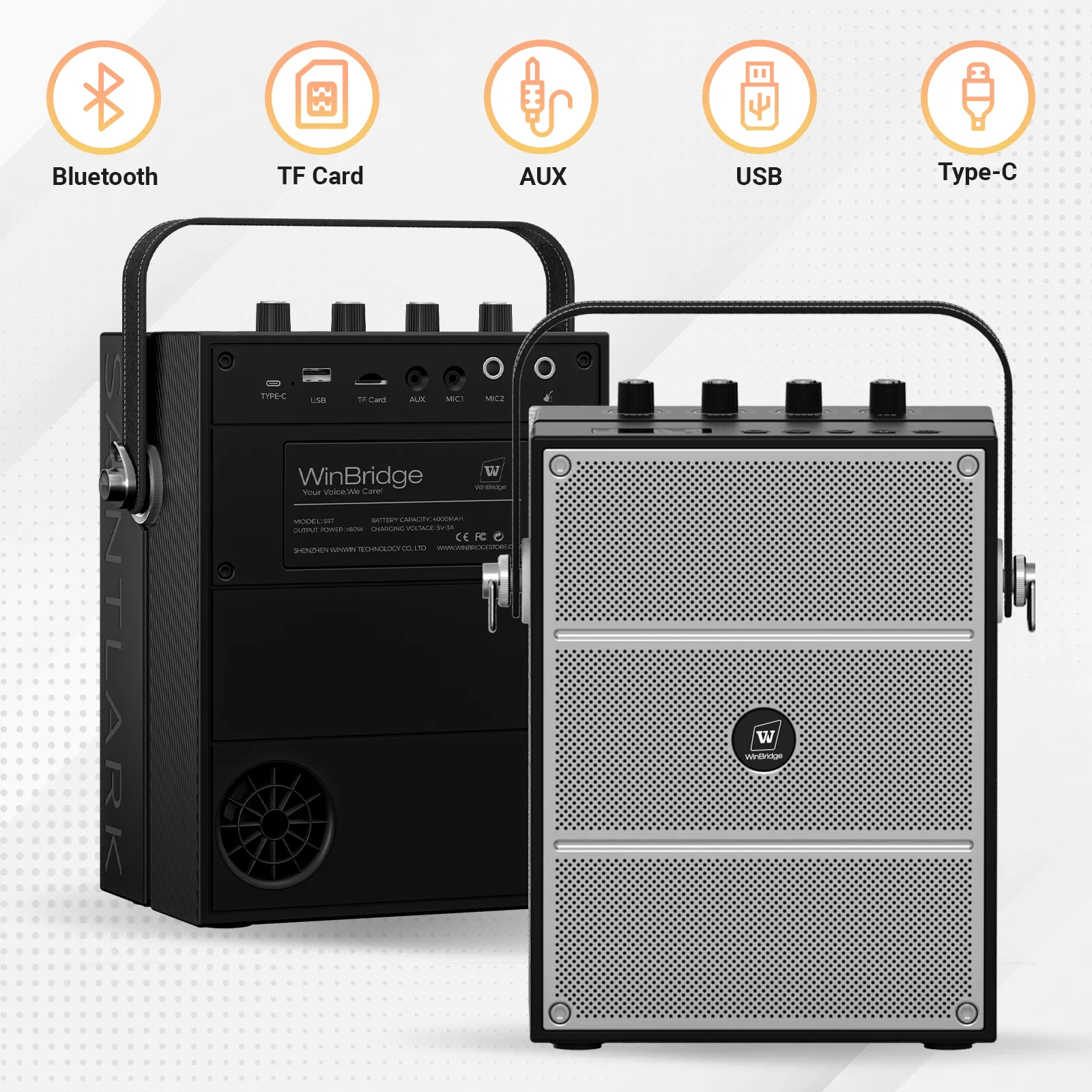 WinBridge S97 60W Powerful Wireless Voice Amplifier with Handheld and Headset Microphones for Teachers,Portable PA System with Sound Effects, Karaoke Speaker and Mic System Support Guitar Play