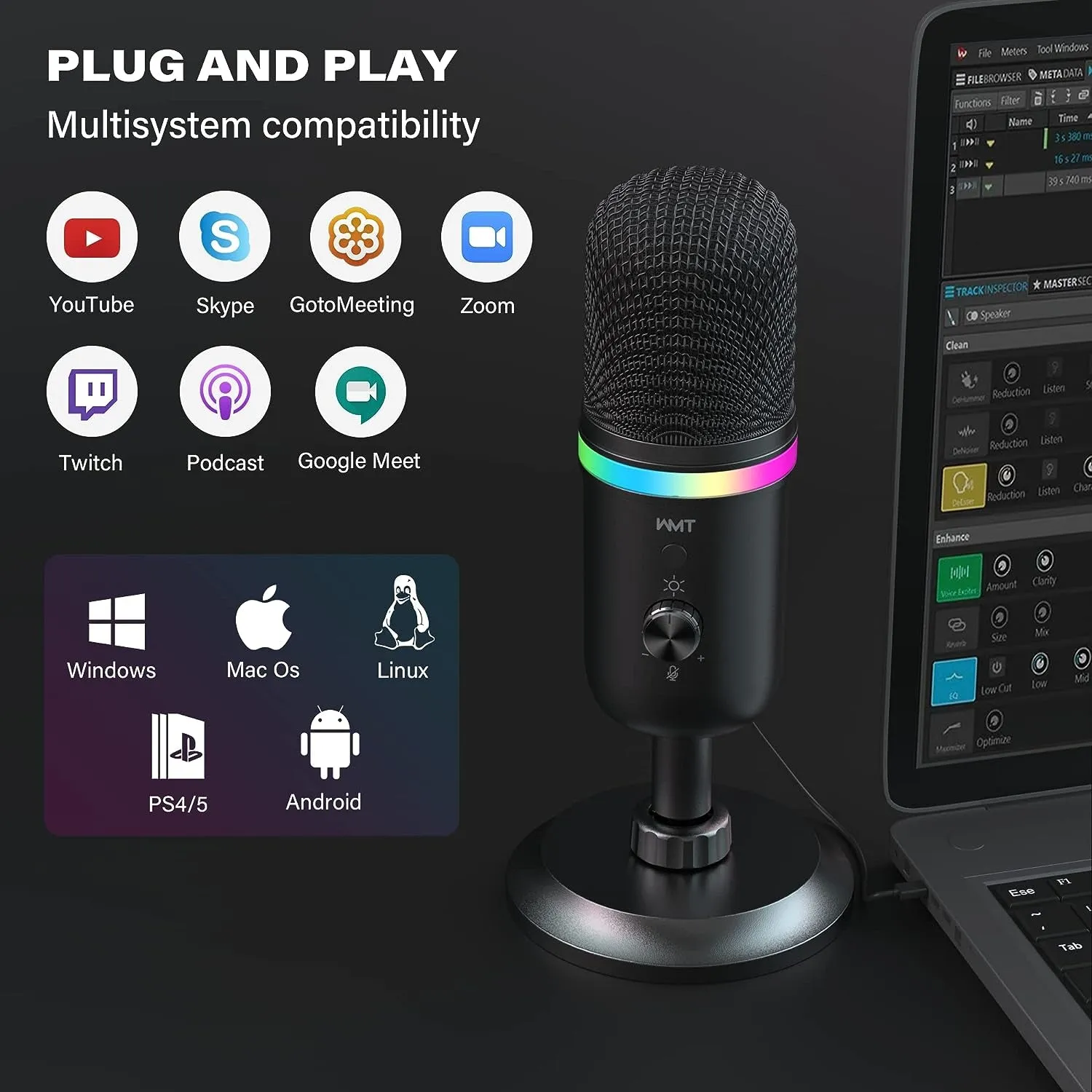 WMT USB Microphone - Condenser Gaming Microphone for Pc/Mac/Ps4/Ps5/Phone- Cardioid Mic with Brilliant RGB Lighting Headphone Output Volume Control, Mute Button, for Streaming Podcast Youtube Discord