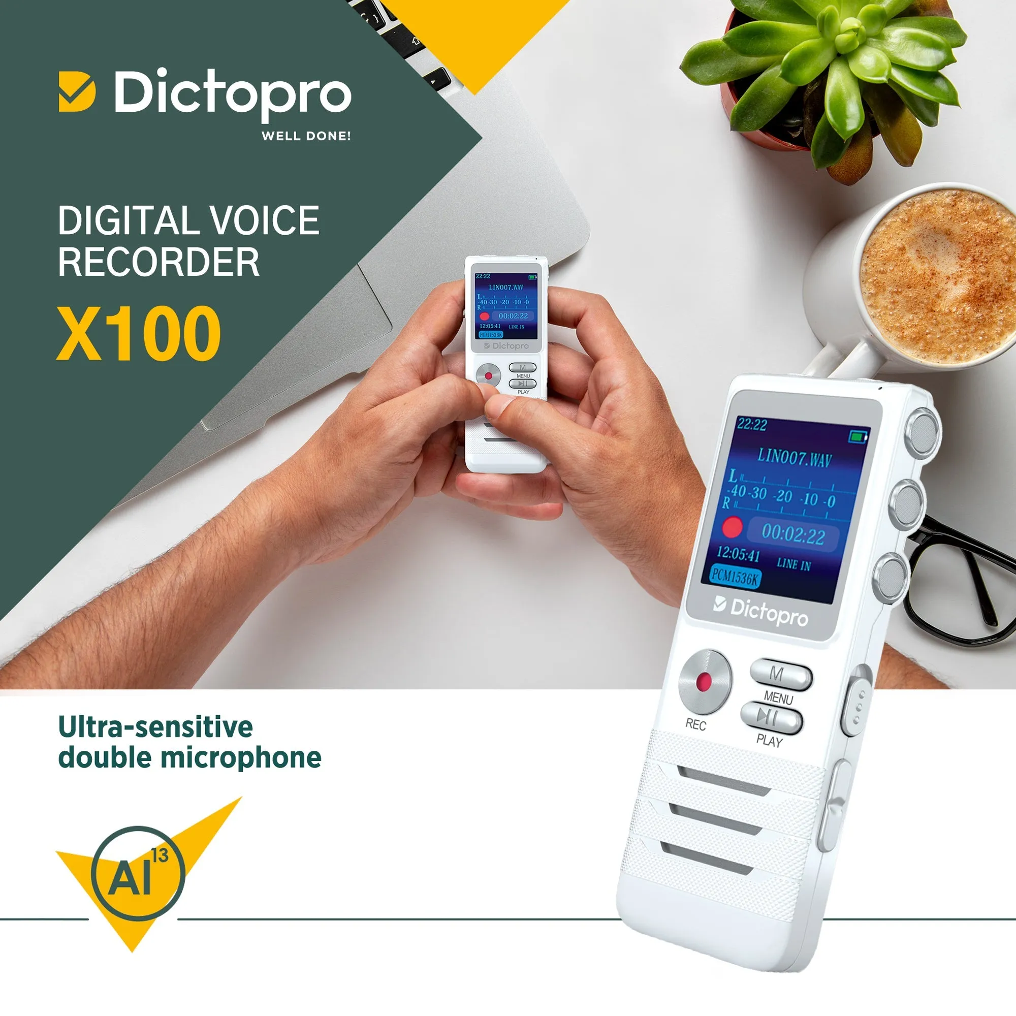 X100 - Digital Voice Recorder - Portable Voice Activated Recording Device, Double-HD Microphone, Noise Reduction, Mini Tape Dictaphone, 700 Hours Records of Meetings, School, Doctors, Lecture