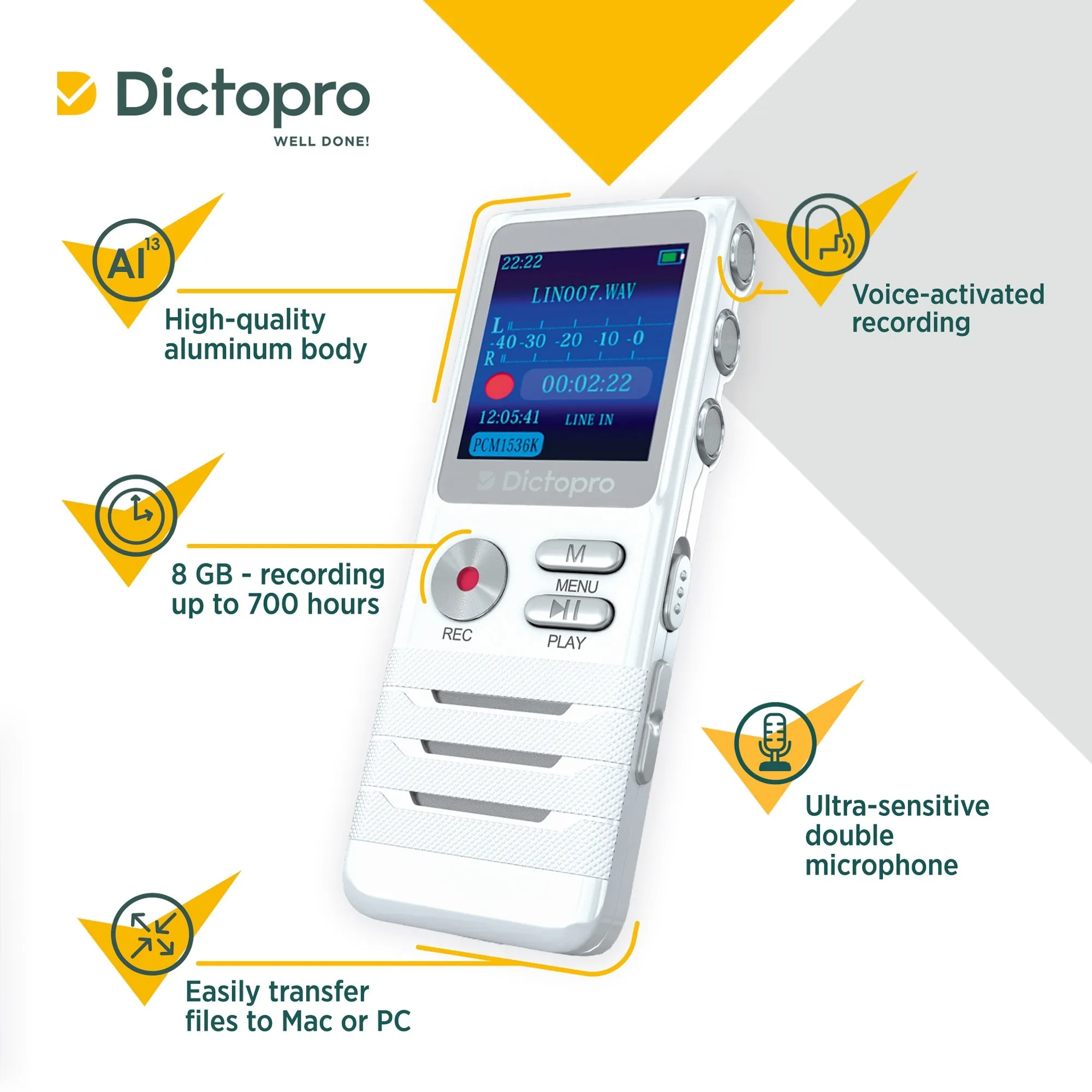 X100 - Digital Voice Recorder - Portable Voice Activated Recording Device, Double-HD Microphone, Noise Reduction, Mini Tape Dictaphone, 700 Hours Records of Meetings, School, Doctors, Lecture