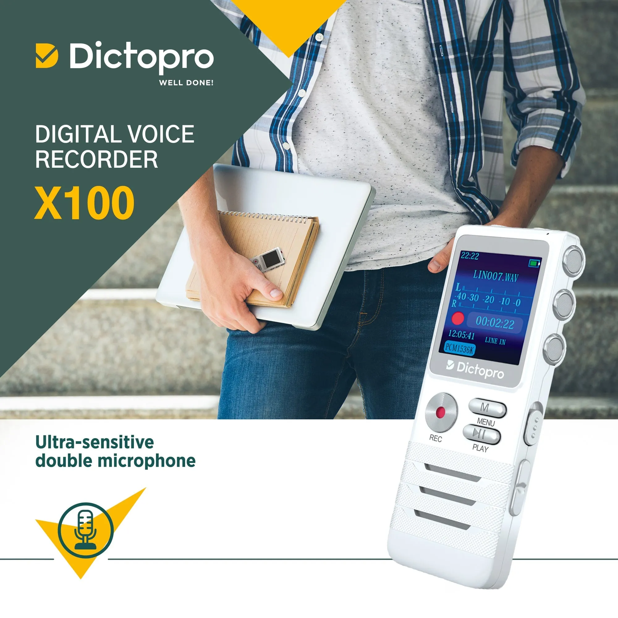 X100 - Digital Voice Recorder - Portable Voice Activated Recording Device, Double-HD Microphone, Noise Reduction, Mini Tape Dictaphone, 700 Hours Records of Meetings, School, Doctors, Lecture