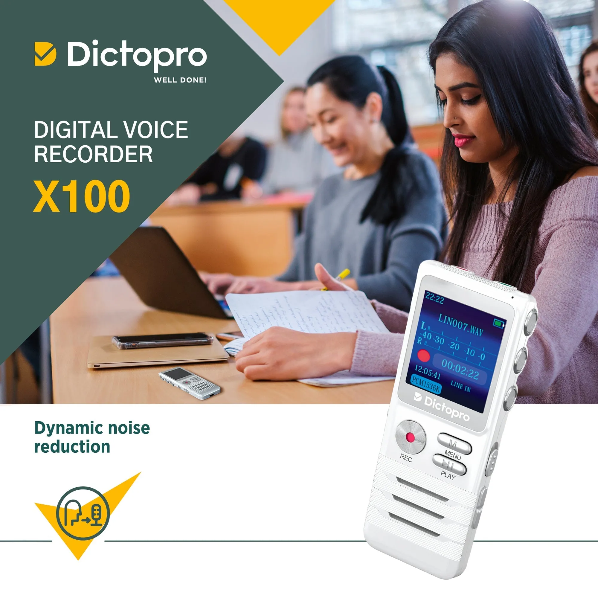 X100 - Digital Voice Recorder - Portable Voice Activated Recording Device, Double-HD Microphone, Noise Reduction, Mini Tape Dictaphone, 700 Hours Records of Meetings, School, Doctors, Lecture